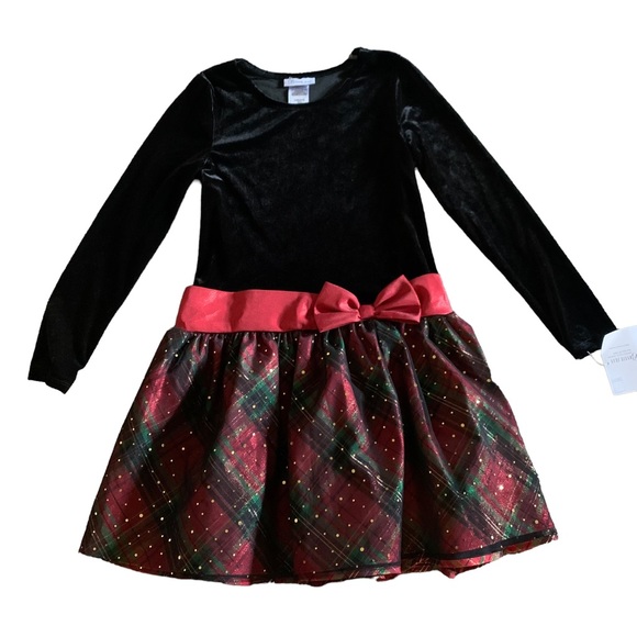 Bonnie Jean Holiday Girls Plaid Taffeta Drop Waist black velvet Dress Size 16!! - Picture 2 of 7
